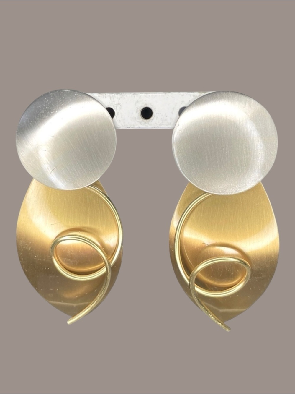 Vintage Two-Tone Brushed Gold Silver Abstract Wire Swirl Drop Earrings